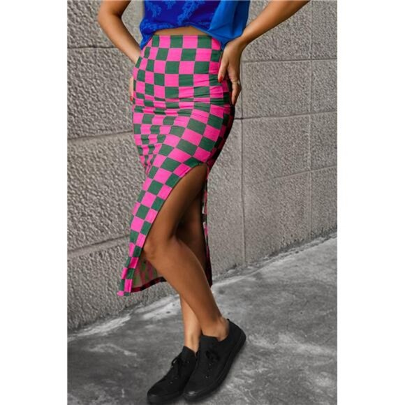 Rose Checkered Print Side Slit High Waist Midi Skirt - Picture 6 of 8